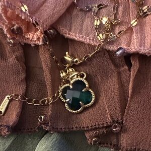 18kt Gold and Stainless steel Green Clover Pendant Necklace